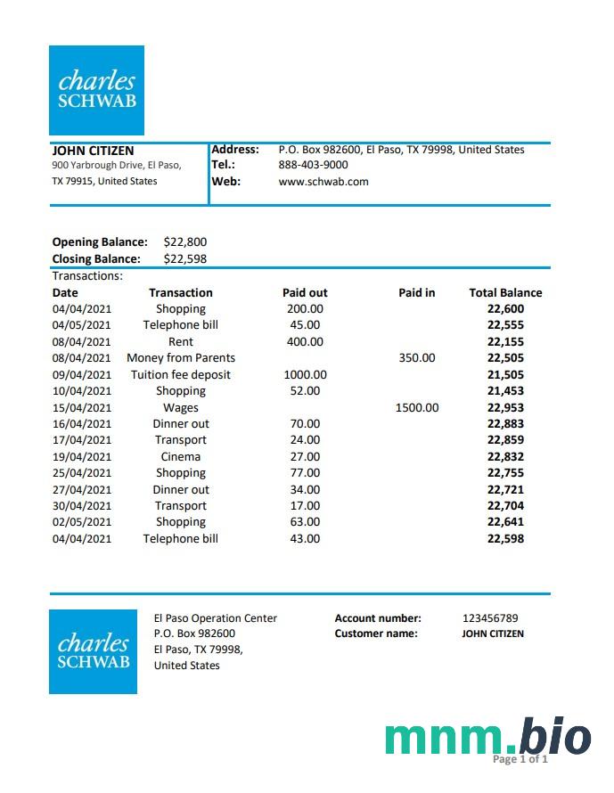 USA Charles Schwab & Co bank dowód adresu szablon oświadczenia w formacie Word i PDF